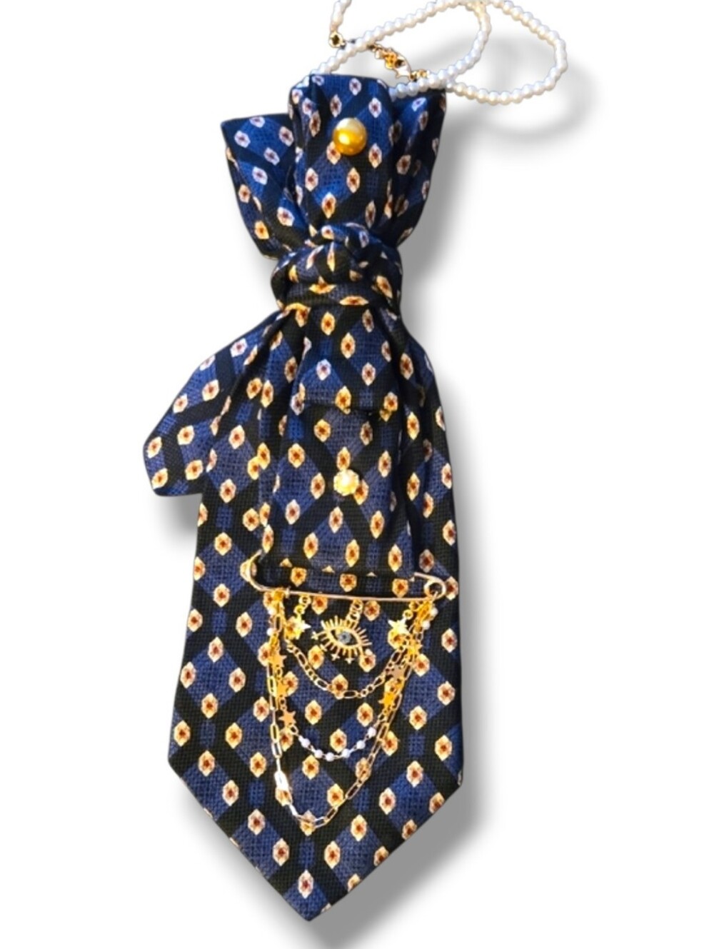 3/$60 Navy and Gold Folded Cravat with Gold Chain Accessory